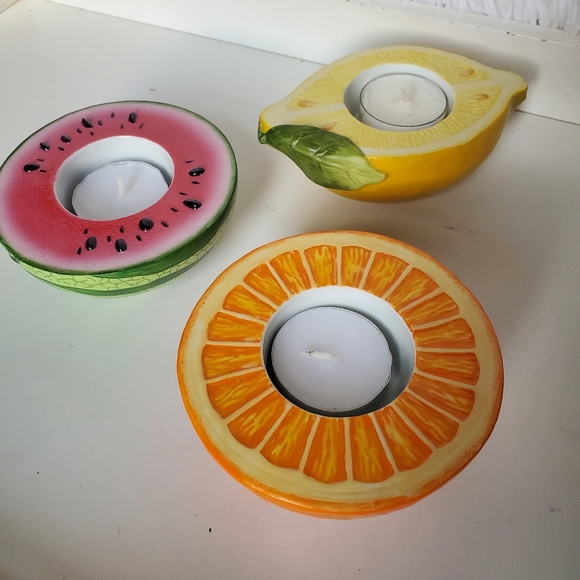 PartyLite Fruit Tealight Candleholders Lemon Orange Watermelon Set Of 3 - Picture 2 of 7